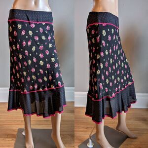 Vintage 90s Y2K Express Midi Skirt Dark Floral Silk Ruffle Polka Dot Whimsygoth